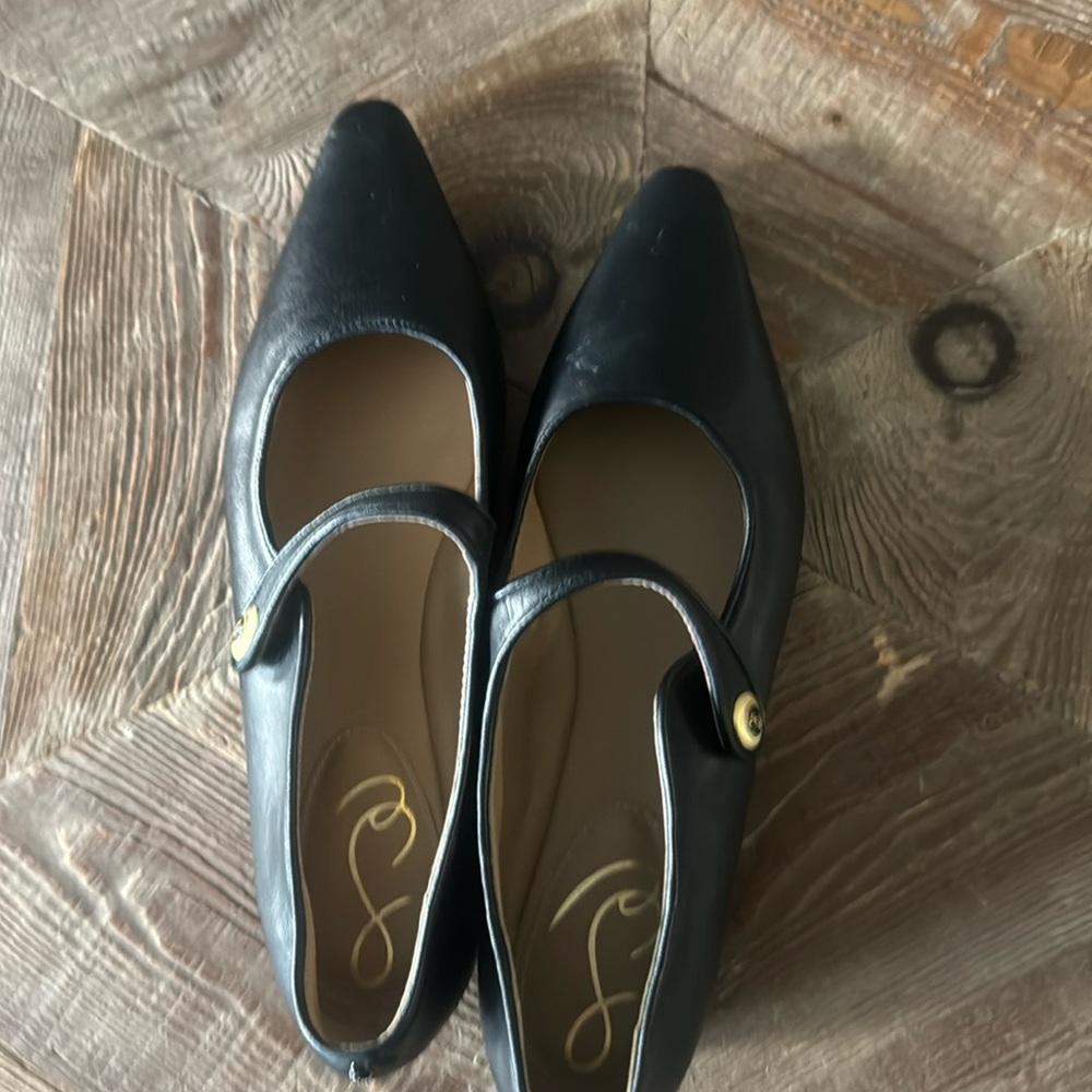 Black faux leather pointy foe strap flats.  Purchased at Nordstrom Rack.
